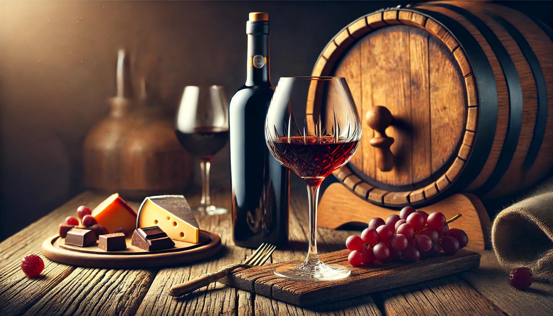 Ein elegantes Arrangement mit einer vollständig sichtbaren Flasche Late Bottled Vintage Port neben einem halb gefüllten Kristallglas auf einem rustikalen Holztisch. Im Hintergrund sind subtile Details wie ein alter Weinfass und reife Trauben zu erkennen. Daneben liegt eine kleine Platte mit gereiftem Käse und dunkler Schokolade, die eine ideale Kombination zu dem Wein vorschlägt. Die Atmosphäre ist warm und einladend, perfekt für die Präsentation eines hochwertigen Late Bottled Vintage Port.